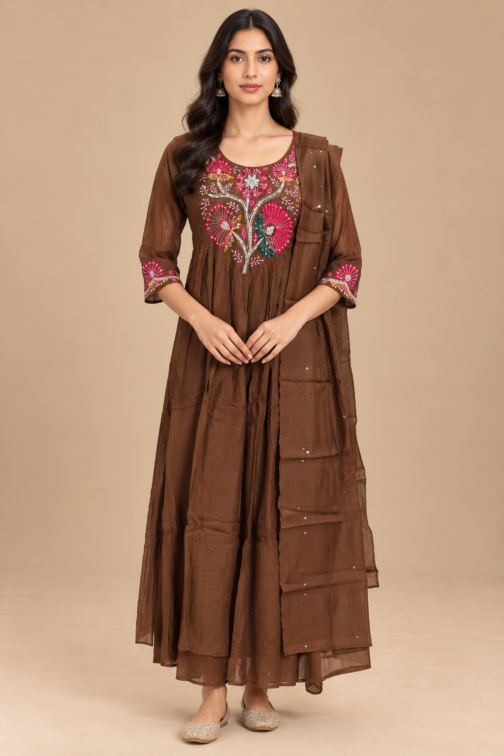 Brown Embroidered Anarkali Kurta Set with Dupatta